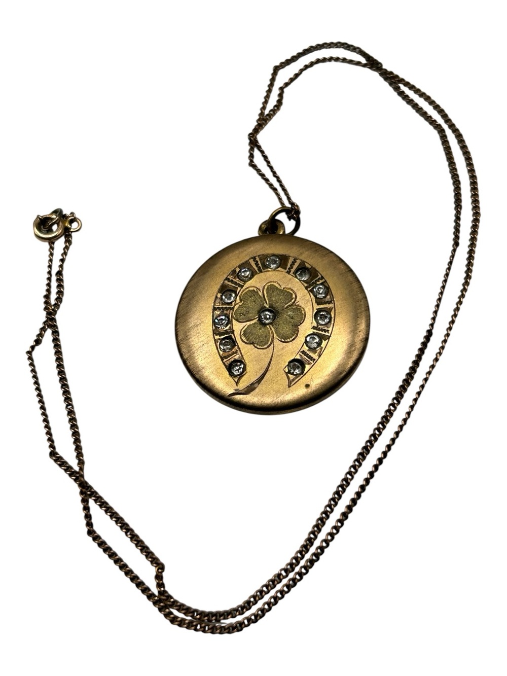 Antique Edwardian Lucky Horseshoe Clover Paste Rhinestone Locket Necklace
